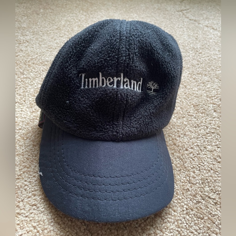 Vintage Timberland Weathergear Black Fleece Adjustable Cap Hat - Made in the USA